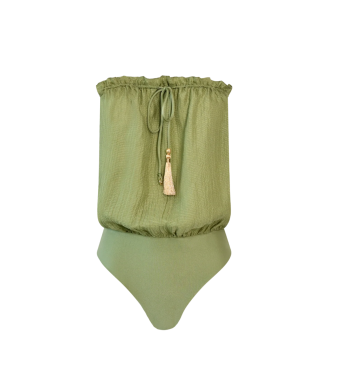 Hanne Bloch Square Bandeau Silk Swimsuit, Green