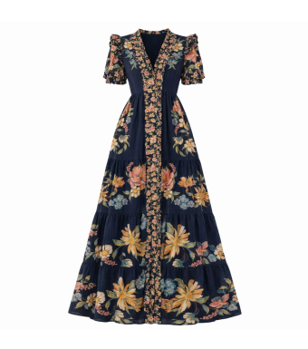 Farm Rio Short Sleeve Maxi Dress, Maira Floral Dark Blue