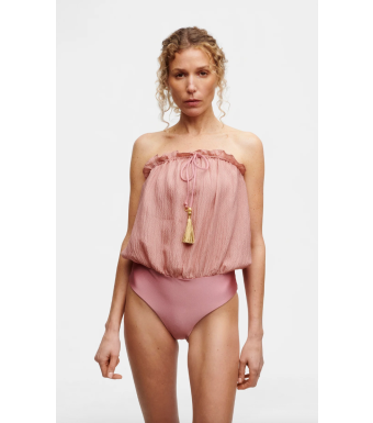 Hanne Bloch Square Bandeau Silk Swimsuit, Blush