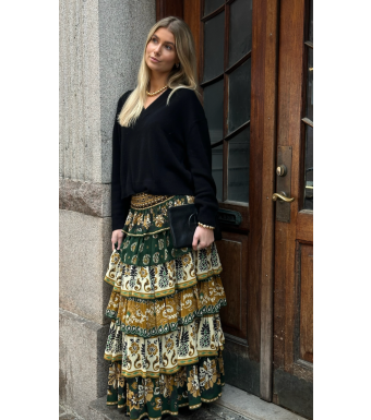 Farm Rio Mixed Scarves Ruffl Maxi Skirt Ayla Green, Ayla Green