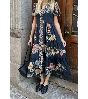 Farm Rio Short Sleeve Maxi Dress, Maira Floral Dark Blue