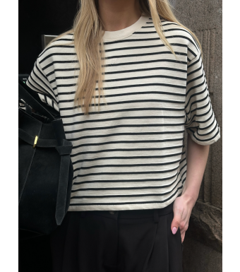 Anine Bing Myers Cropped Tee, Black Stripe French Terry