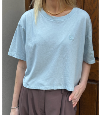 Anine Bing Johnny Cropped Tee Framed Monogram, Pale Blue